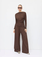 Draped Ruched Top & Mid Rise Elastic Waist Wide Leg Trousers Set