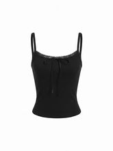 Cotton-blend Textured Scoop Neckline Lace Trim Bowknot Cami Top