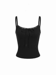 Cotton-blend Textured Scoop Neckline Lace Trim Bowknot Cami Top