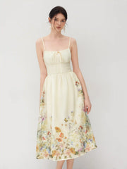 Square Neck Floral Shirred Midi Dress
