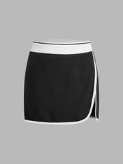 Mid Rise Solid Contrasting Binding Split Mini Skirt