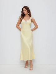 Satin Sweetheart Ruffle sleeve Lace Panel Bowknot Ruched Mermaid Maxi Dress