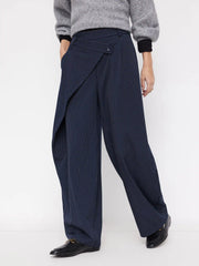 Mid Rise Striped Wrap Front Barrel-leg Trousers