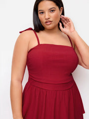 Square Neck Solid Ruched Knotted Layered Mini Dress Curve & Plus