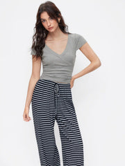 V-Neck Striped Top & Mid Rise Drawstring Wide Leg Trousers Set