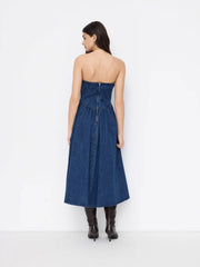 Denim Ruched Ruffle Hem Bandeau Maxi Dress