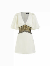 Satin V-neck Contrasting Lace Lantern Sleeve A-line Mini Dress