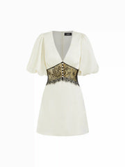 Satin V-neck Contrasting Lace Lantern Sleeve A-line Mini Dress