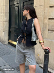 Cotton-blend Round Neck Solid Bowknot Sleeveless Vest
