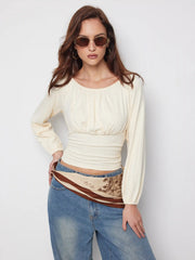 Boat Neck Ruched Puff Long Sleeve Blouse
