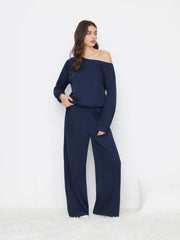 Cotton-blend Asymmetrical Neck Oversized Top & Mid Rise Drawstring Side Knotted Trousers Loungewear Set