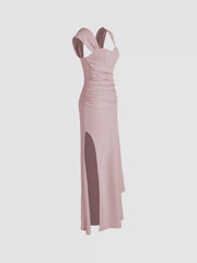 Satin Sweetheart Ruched Split Maxi Dress
