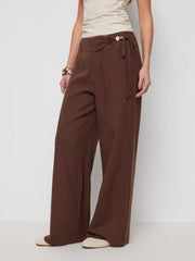 Linen-blend Mid Rise Wrap Wide Leg Trousers