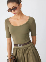 Cotton-blend Scoop Neckline Short Sleeve Pocket A-line Maxi Dress With Belt