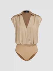 Satin V-neck Solid Ruched Sleeveless Shirt Bodysuit