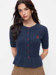 Cable Knit Cherry Embroidery Round Neckline Ruffled Hem Top