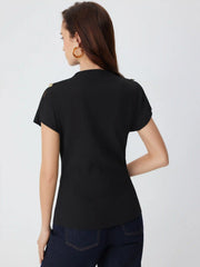 High Neck Ruched Metal Button Short Sleeve Top