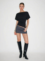 Knit Boat Neck Asymmetrical Hem Spilt Batwing Sleeve Top