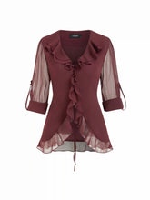 Chiffon V-neck Tie Back Lettuce Trim Ruffle See-through Blouse