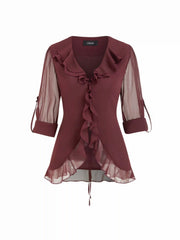 Chiffon V-neck Tie Back Lettuce Trim Ruffle See-through Blouse