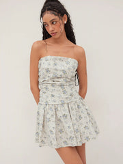 Cotton-blend Floral Ruched Bandeau Mini Dress