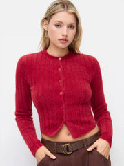 Knit Round Neck Long Sleeve Button Cardigan