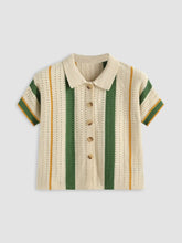 Knit Polo Striped Hollow Out Short Sleeve Top