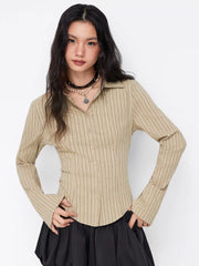 Cotton-blend Striped Collar Bell Sleeve Curved Hem Button Shirt