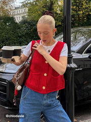 Knit V-neck Solid Metal Button Pocket Crop Vest