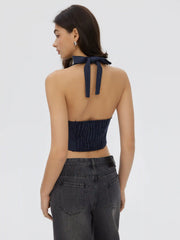 Striped Halter Neck Wrap Crop Top