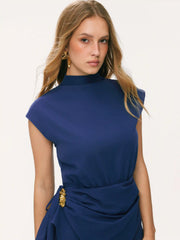 Stand Collar Draped Metal Decor Drawstring Romper