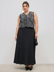 Tweed V-neck Solid Button Pocket Jacket Vest Curve & Plus