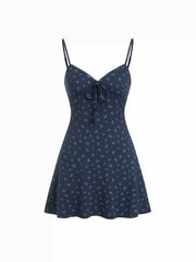 Cotton Floral Sweetheart Textured Bowknot Flared Mini Dress