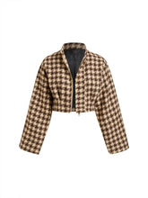 Jacquard Houndstooth Pleated Stand Collar Crop Jacket