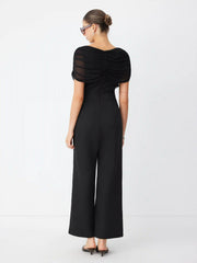 Mesh Boat Neck Ruched Mid Rise Straight Leg Jumpsuit