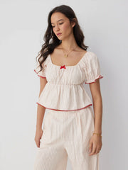 Cotton-blend Striped Puff Sleeve Bowknot Top & Mid Rise Wide Leg Loungewear Set