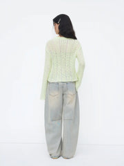 Knit Crochet Boat Neck Long Sleeve Oversized Top