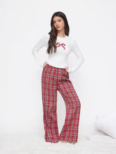 Bowknot Graphic Round Neckline Top & Plaid Mid Rise Elastic Waist Straight Leg Trousers Loungewear Set