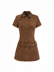 Suede Polo Button Front Belted Mini Dress