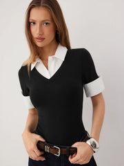 Cotton Collar V-Neck Short Sleeve Two Tone Bodysuit