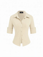 Collar Mid-length Sleeve Button Top