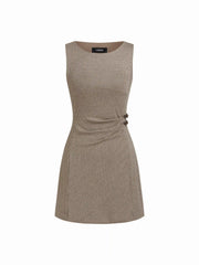 Boat Neck Houndstooth Ruched Mini Tank Dress With Side Buckle