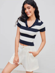Knit Polo Striped Short Sleeve Top