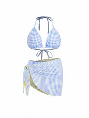 Reversible Halter Neckline Floral & Gingham Triangle Bikini Set With Sarong Curve & Plus