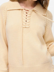 Knit Collar Long Sleeve Lace Up Drawstring Top