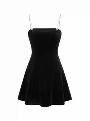 Velvet Square Neck Rhinestone A-line Mini Slip Dress