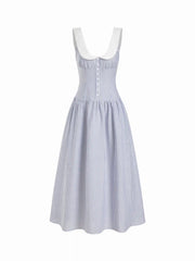 Linen-Blend Sculptural Striped U-neckline Lace up Backless Maxi Dress