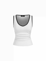 Cotton-blend Scoop Neck Two Tone Ruched Tank & Mid Rise Drawstring Straight Leg Trousers Set
