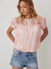 Satin Round Neckline Lace Panel Tie Front Oversized Blouse