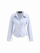 Cotton-blend Striped Collar Long Sleeve Drawstring Side Shirt